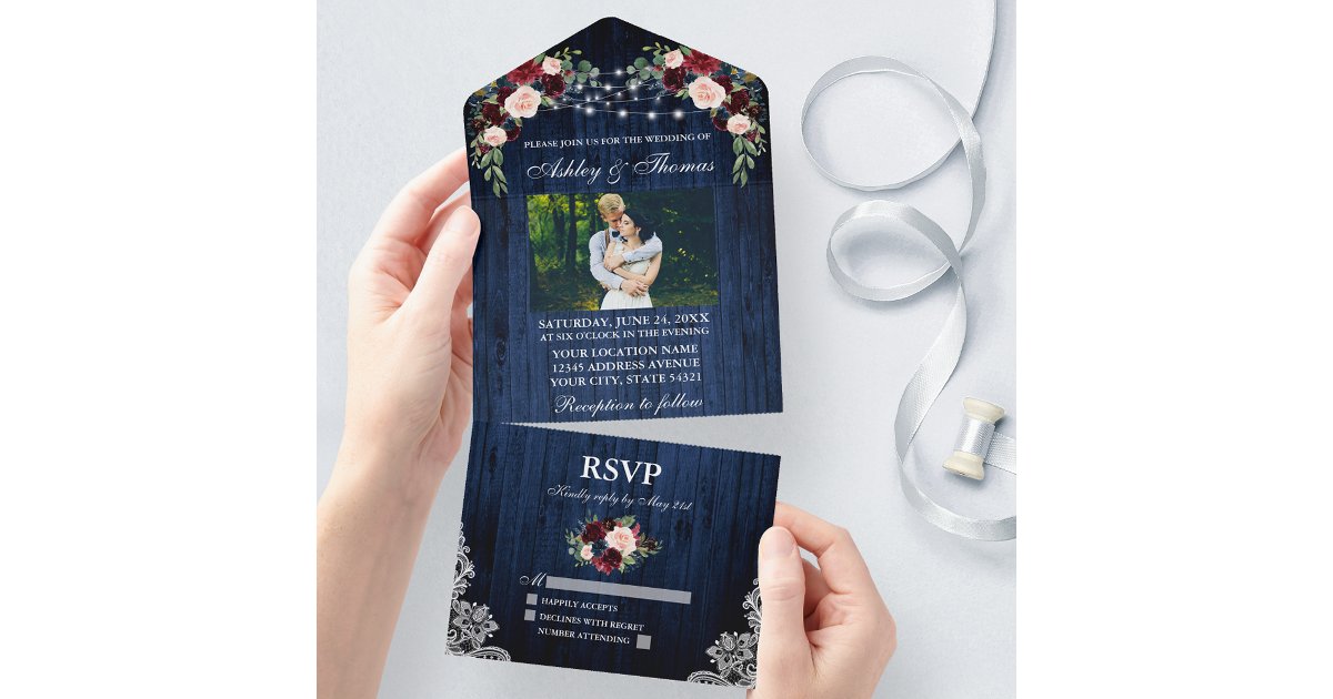 Rustic Wedding Floral Blue Wood Lights Lace Photo All In One Invitation ...