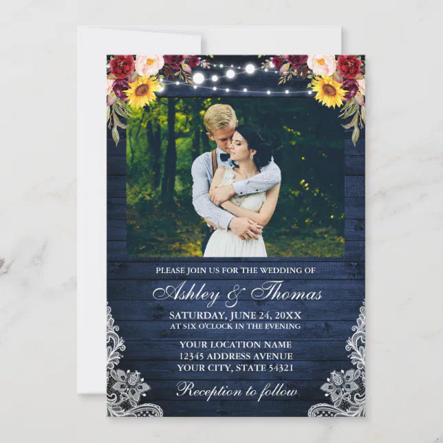 Rustic Wedding Floral Blue Wood Lights Lace Photo Invitation | Zazzle