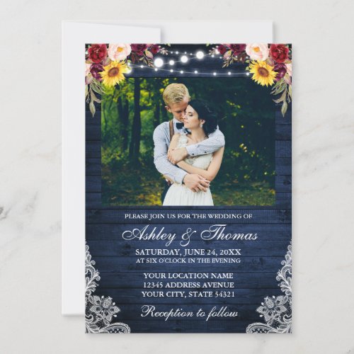 Rustic Wedding Floral Blue Wood Lights Lace Photo Invitation