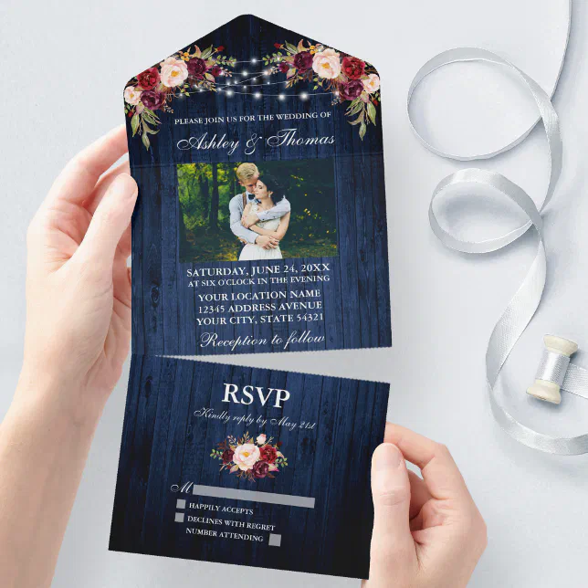 Rustic Wedding Floral Blue Wood Lights Photo All In One Invitation | Zazzle