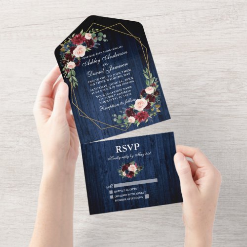 Rustic Wedding Floral Burgundy Blue Wood Geo Frame All In One Invitation
