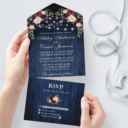 Rustic Wedding Floral Burgundy Blue Wood Lights All In One Invitation