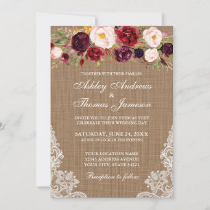Rustic Wedding Floral Burlap Lights Lace Invite