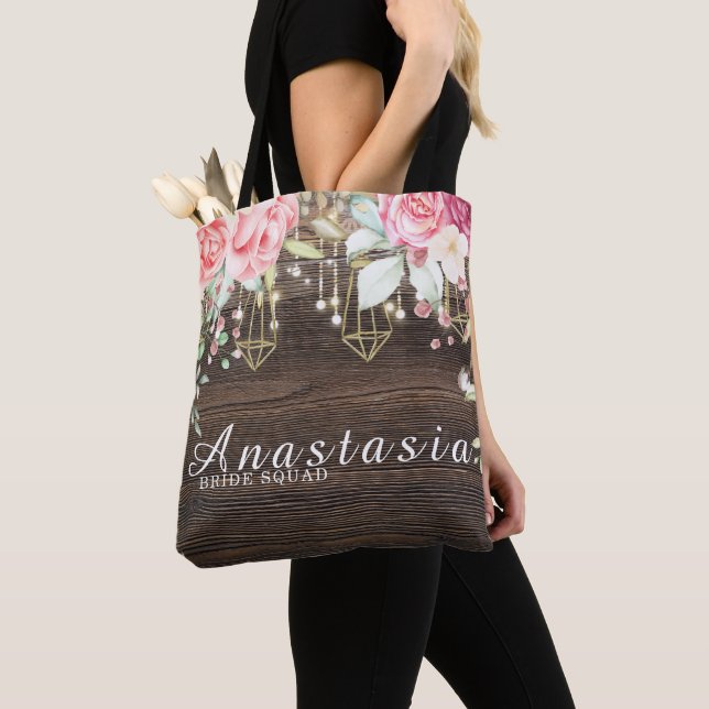 Rustic Wedding Floral Personalized Bride Squad Tote Bag (Close Up)