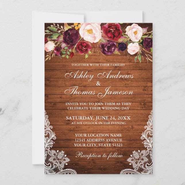 Rustic Wedding Floral Wood Lace Invite (Front)