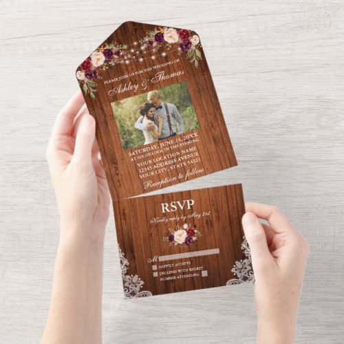 Rustic Wedding Floral Wood Lights Lace Photo All In One Invitation