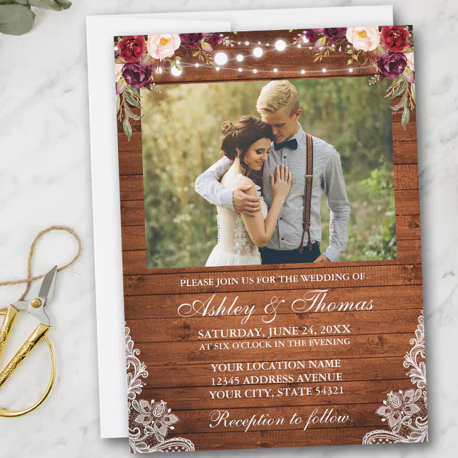 Rustic Wedding Floral Wood Lights Lace Photo Invitation | Zazzle