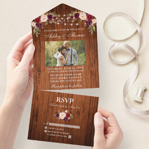 Rustic Wedding Floral Wood Lights Photo All In One Invitation