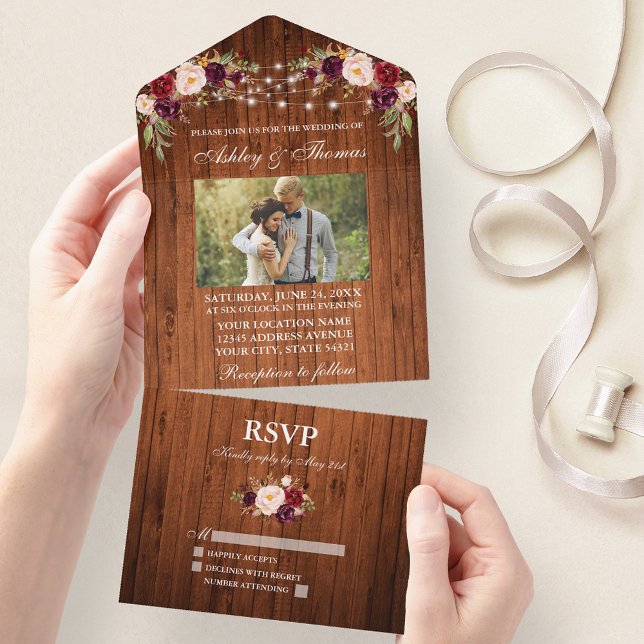 Rustic Wedding Floral Wood Lights Photo All In One Invitation (All In One Wedding Invitation with tear off RSVP Card)