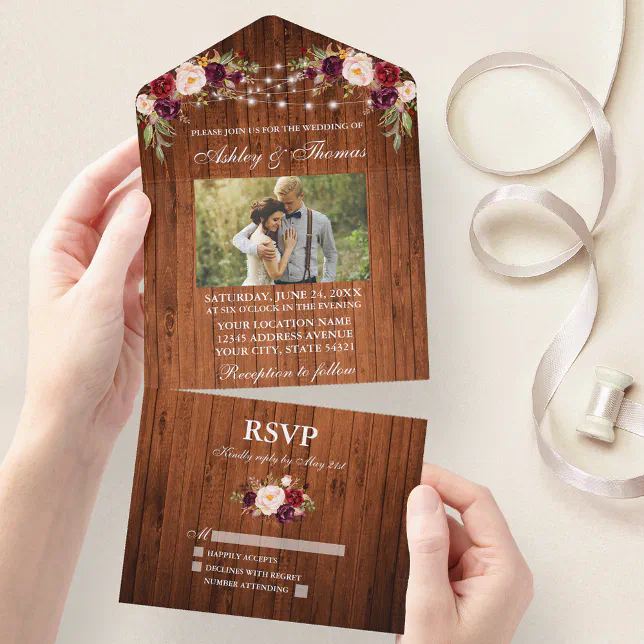 Rustic Wedding Floral Wood Lights Photo All In One Invitation | Zazzle