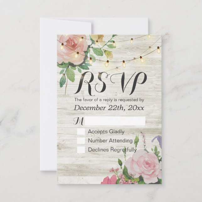 Rustic Wedding Floral Wood String Light RSVP Reply (Front)