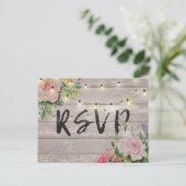 Rustic Wedding Floral Wood String Light RSVP Reply Invitation Postcard (Standing Front)