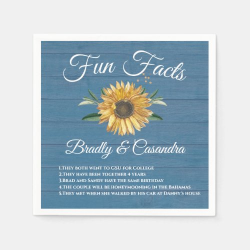 Rustic Wedding Fun Facts Sunflower  Blue Wood  Napkins