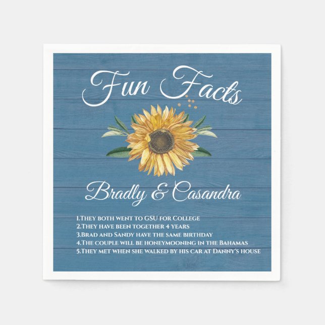 Rustic Wedding Fun Facts Sunflower  Blue Wood  Napkins (Front)