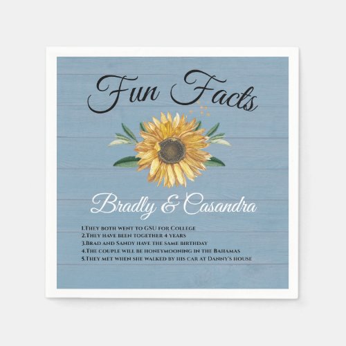 Rustic Wedding Fun Facts Sunflower Dusty Blue Wood Napkins