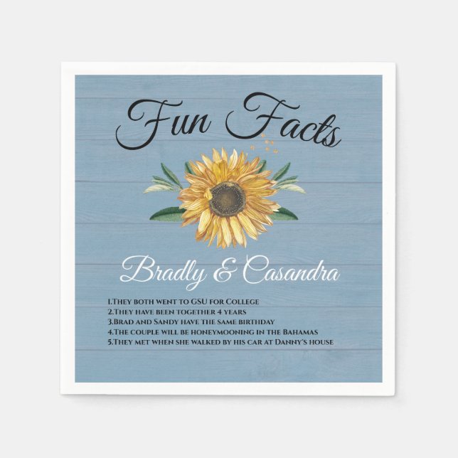 Rustic Wedding Fun Facts Sunflower Dusty Blue Wood Napkins (Front)
