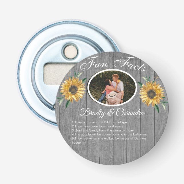 Rustic Wedding Fun Facts Sunflower Gray Wood   Bottle Opener (Front)