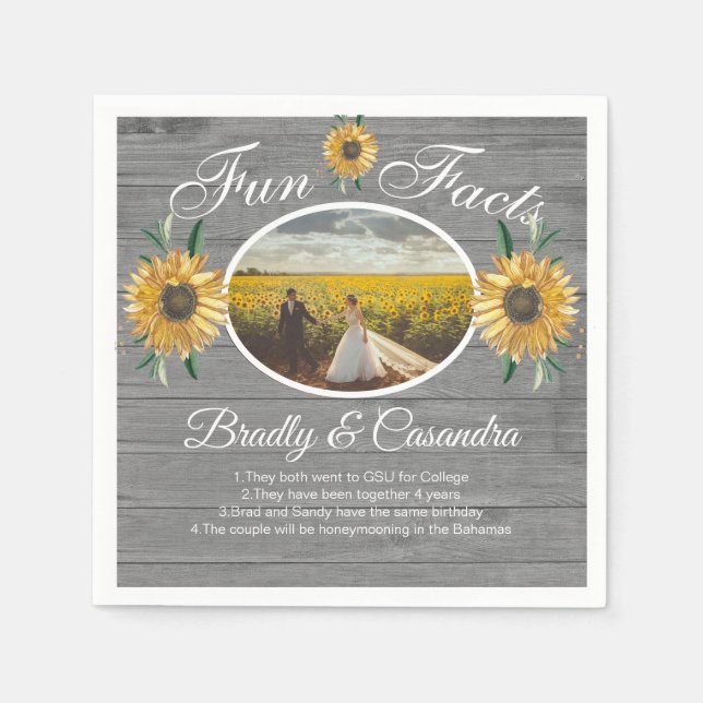 Rustic Wedding Fun Facts Sunflower Gray Wood Napki Napkins (Front)
