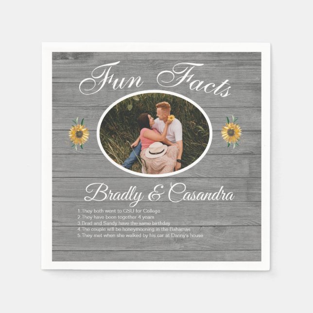 Rustic Wedding Fun Facts Sunflower Gray Wood Napkins (Front)