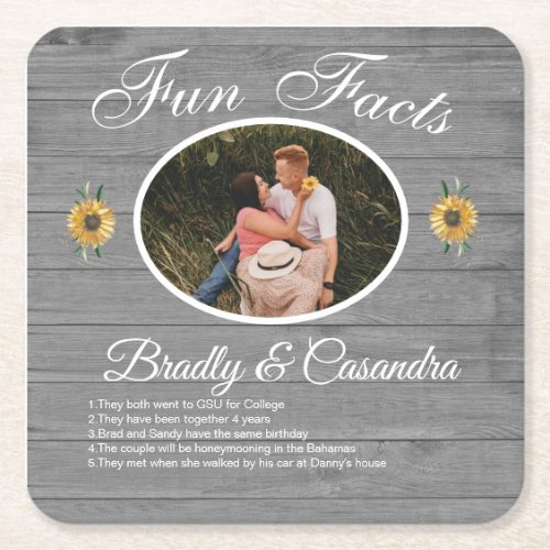 Rustic Wedding Fun Facts Sunflower Gray Wood  Square Paper Coaster
