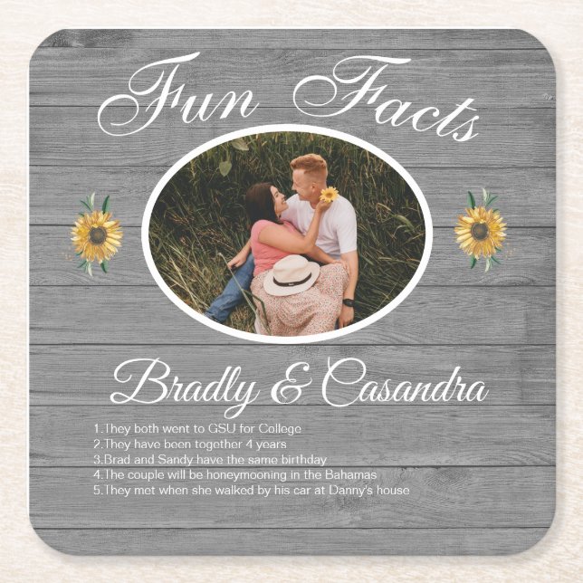 Rustic Wedding Fun Facts Sunflower Gray Wood  Square Paper Coaster (Front)