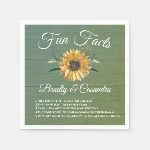 Rustic Wedding Fun Facts Sunflower Green Wood Napkins