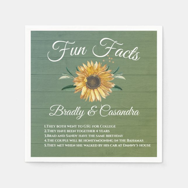Rustic Wedding Fun Facts Sunflower Green Wood Napkins (Front)