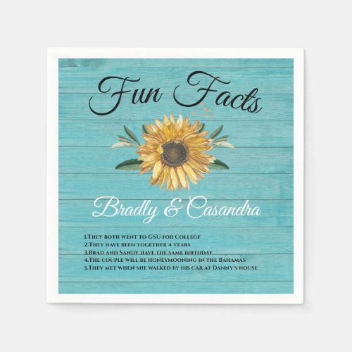 Rustic Wedding Fun Facts Sunflower Light Teal Wood Napkins