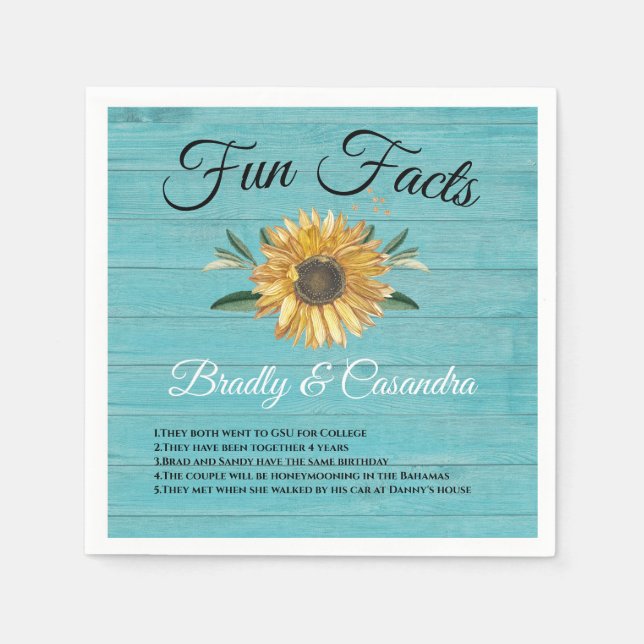 Rustic Wedding Fun Facts Sunflower Light Teal Wood Napkins (Front)
