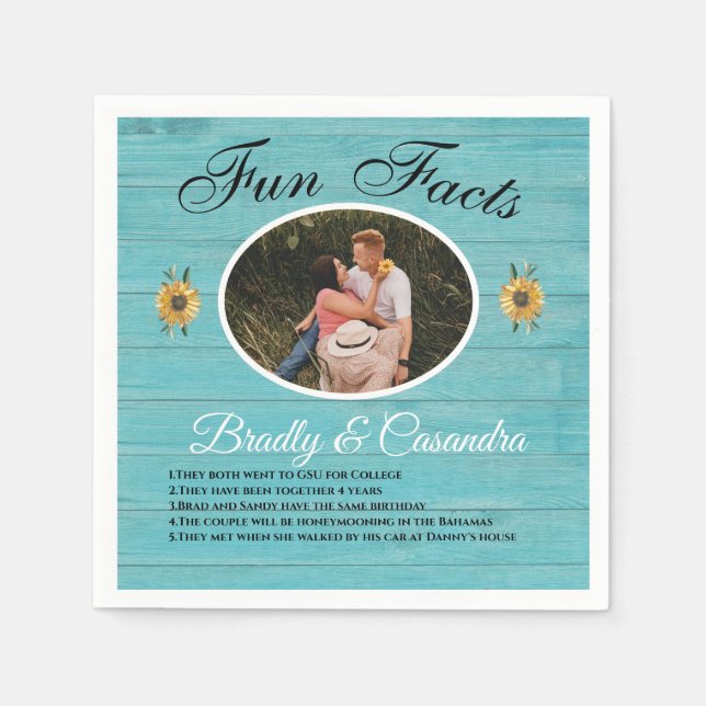 Rustic Wedding Fun Facts Sunflower Light Teal Wood Napkins (Front)