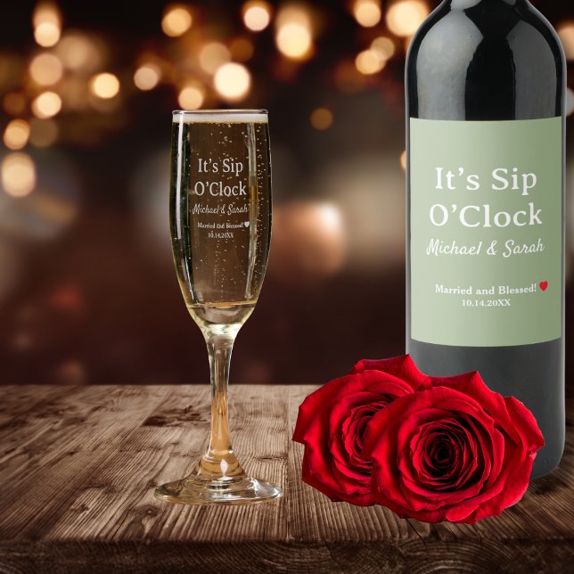 Rustic Wedding Fun It’s Sip O’Clock Heart Custom Champagne Flute (Creator Uploaded)