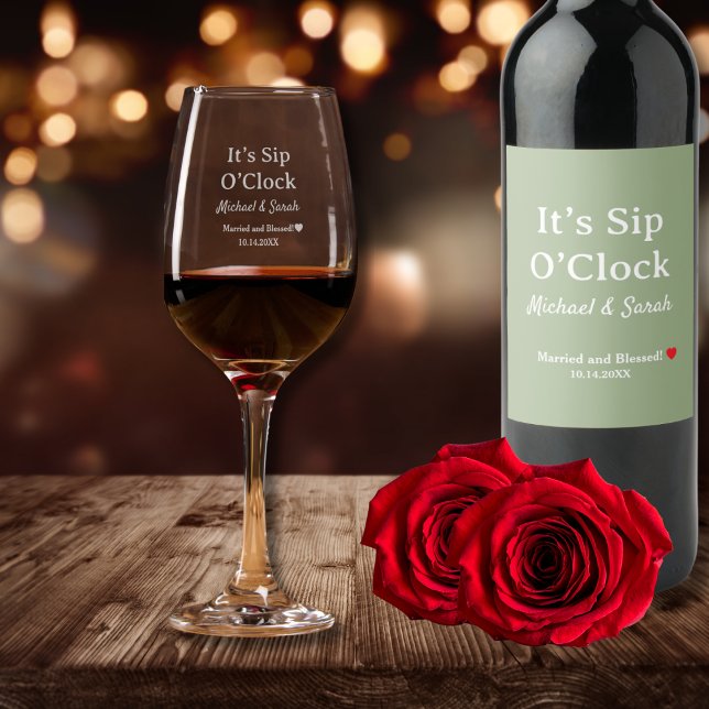 Rustic Wedding Fun It’s Sip O’Clock Heart Custom  Wine Glass (Creator Uploaded)