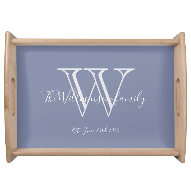 Rustic Wedding Gift Monogram Family Name Blue  Serving Tray (Front)