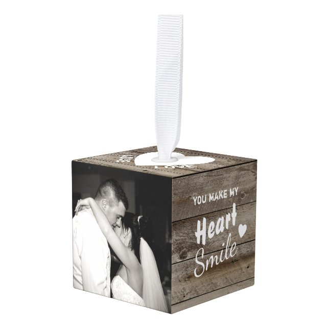 Rustic wedding gift with photo cube ornament (Front Angled)