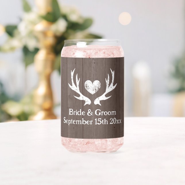 Rustic wedding glass with dear antler heart logo (Insitu (Wedding))