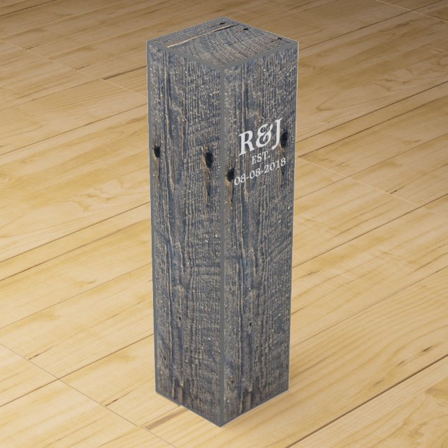 rustic wedding gray barn wood country wedding wine gift box (Front)