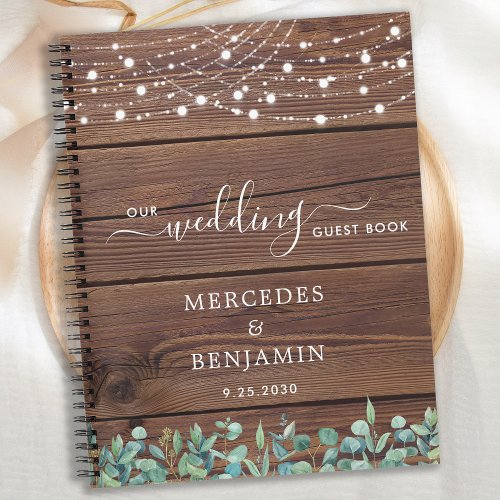 Rustic Wedding Guest Book Greenery String Lights