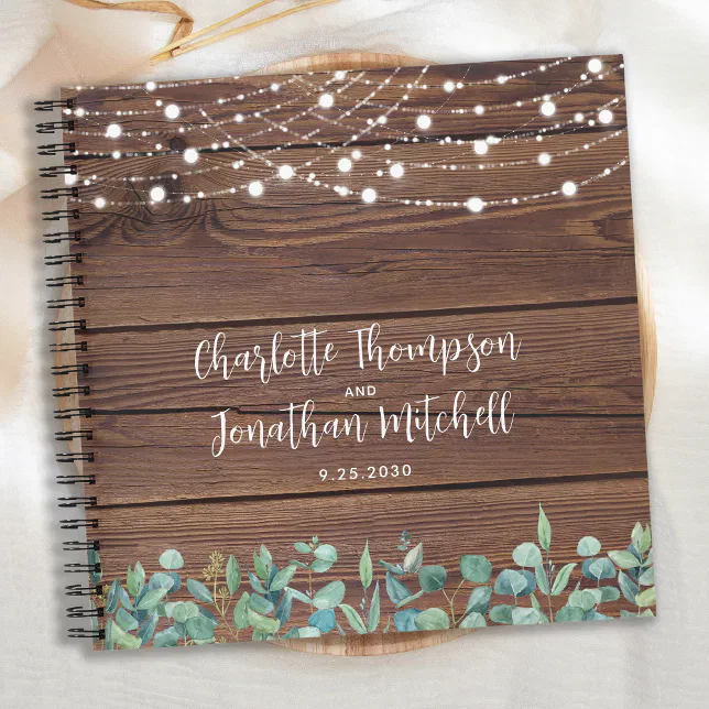 Rustic Wedding Guest Book String Lights Eucalyptus | Zazzle
