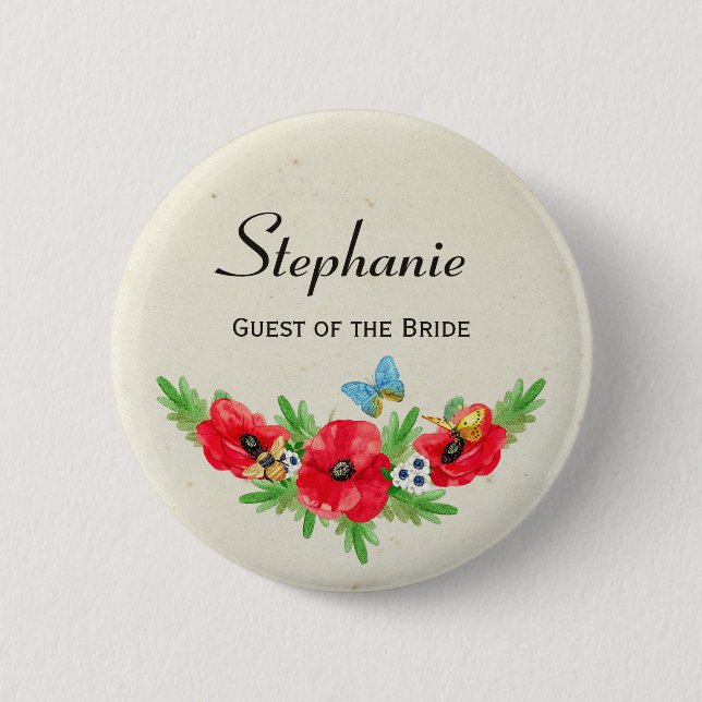 Rustic Wedding Guest Red Poppy Watercolor and Name Button (Front)