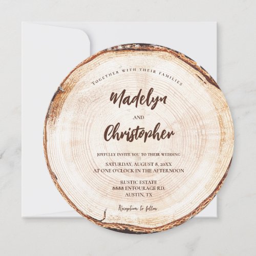 Rustic Wedding Handlettering Script Wood Cut Slice Invitation