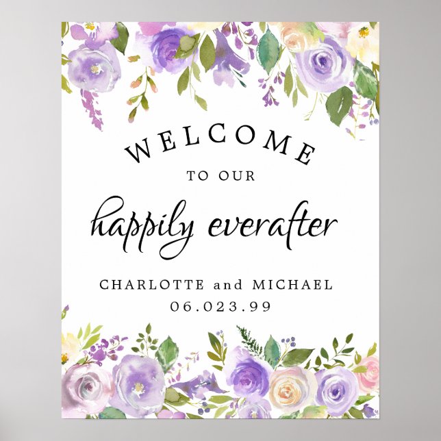 Rustic Wedding Happily Everafter Purple Floral Poster (Front)
