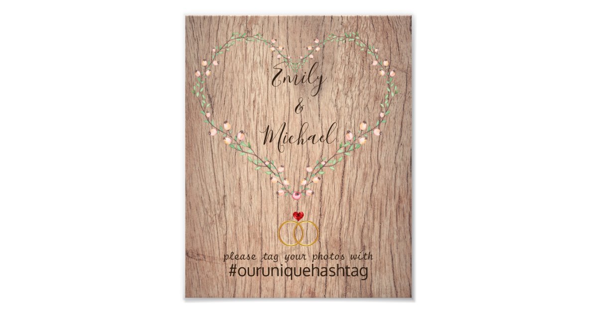 Rustic Wedding Hashtag Sign - Wood Heart Floral Zazzle.com