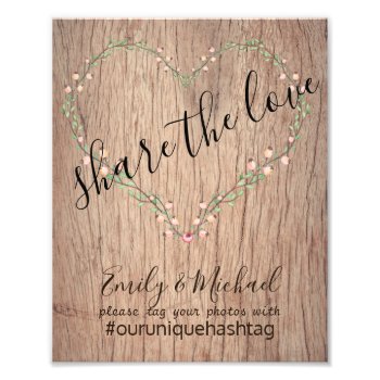 Rustic Wedding Hashtag Sign - Wood Heart Floral