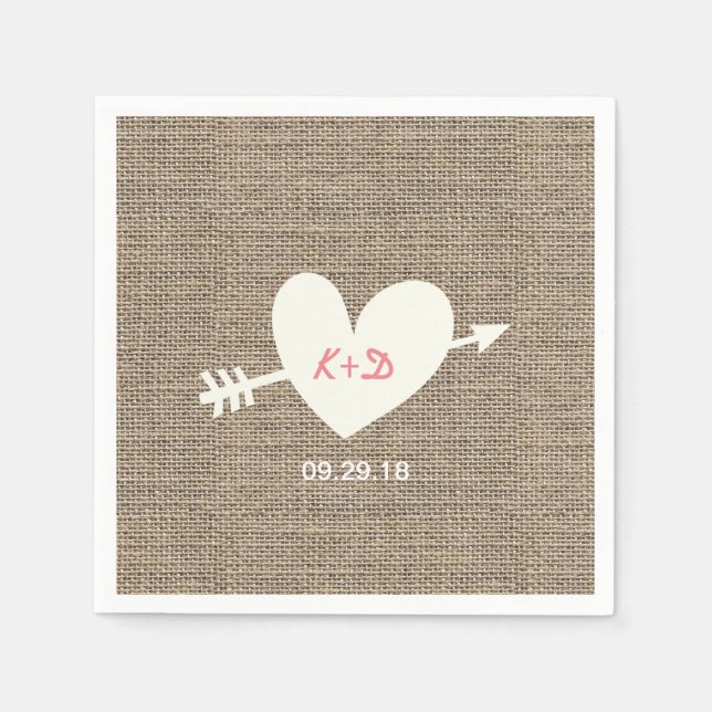 Rustic Wedding Heart & Arrow Elegant Burlap Paper Napkins (Front)