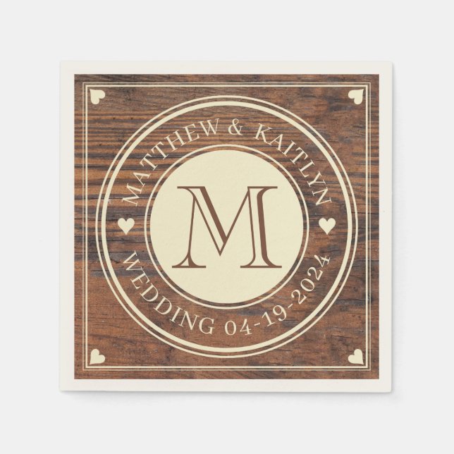 Rustic Wedding Heart Monogram in Dark Walnut Napkins (Front)