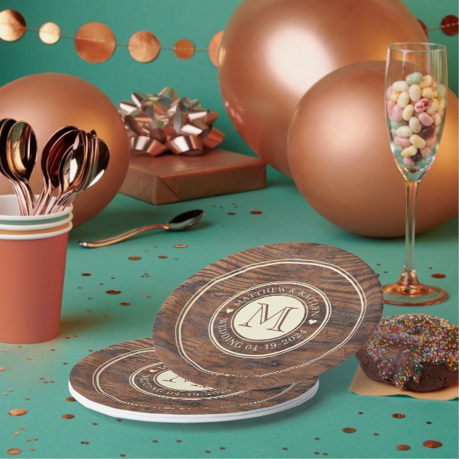 Rustic Wedding Heart Monogram in Dark Walnut Paper Plates (Multi)