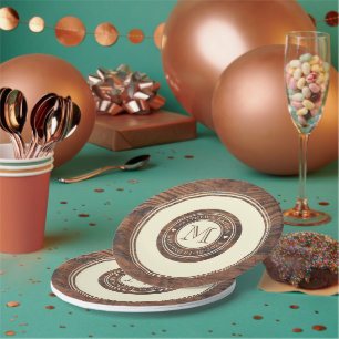 Rustic Wedding Heart Monogram in DarkWalnut Circle Paper Plates