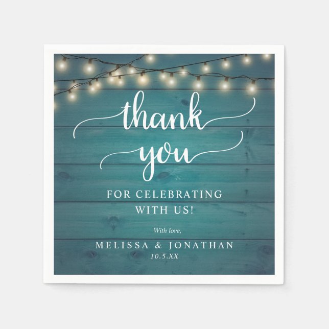 Rustic Wedding, in Teal Wood Background, Thank you Napkins (Front)