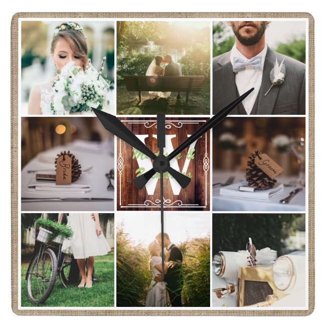 Rustic Wedding Instagram Photo Grid Wood Burlap Square Wall Clock