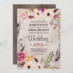 Rustic Wedding Invitation Boho Floral Wood Invite